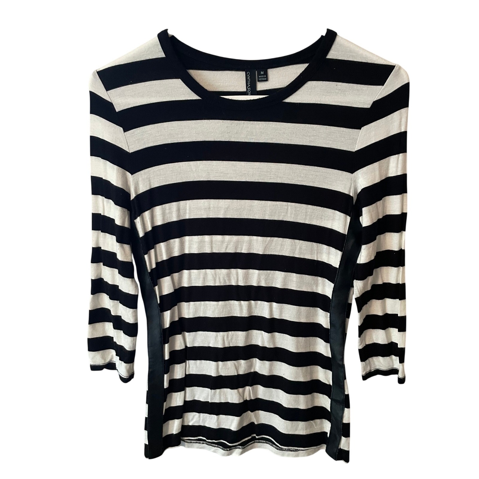 Cynthia Rowley Womens Striped Top Black White Faux Leather Trim 3/4 Sleeve Szi M